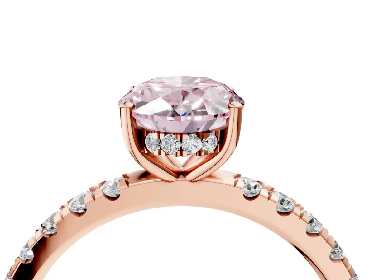Fancy Pink Oval Cut Diamond Pave Band Solitaire Ring with Round and Prong Setting Rose gold