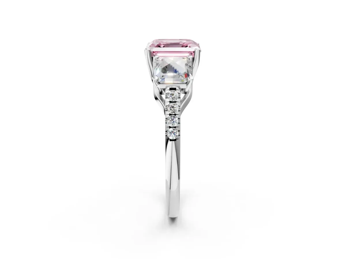 Fancy Pink Three-Stone Asscher Cut Diamond Ring with Round Pavé Band and Prong Setting Platinum