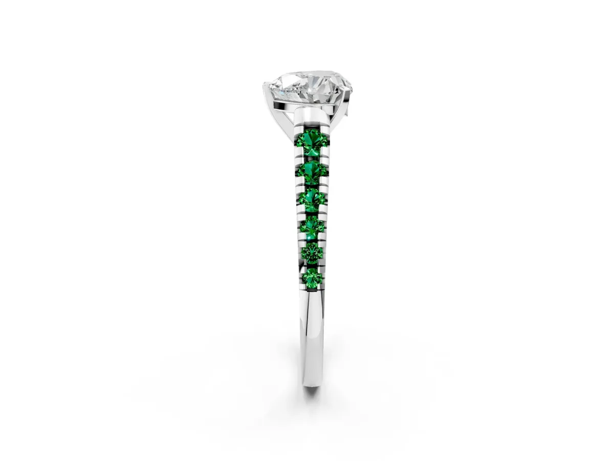 Heart Cut Diamond Cathedral Solitaire Ring with Round Emerald Pavé Band Platinum