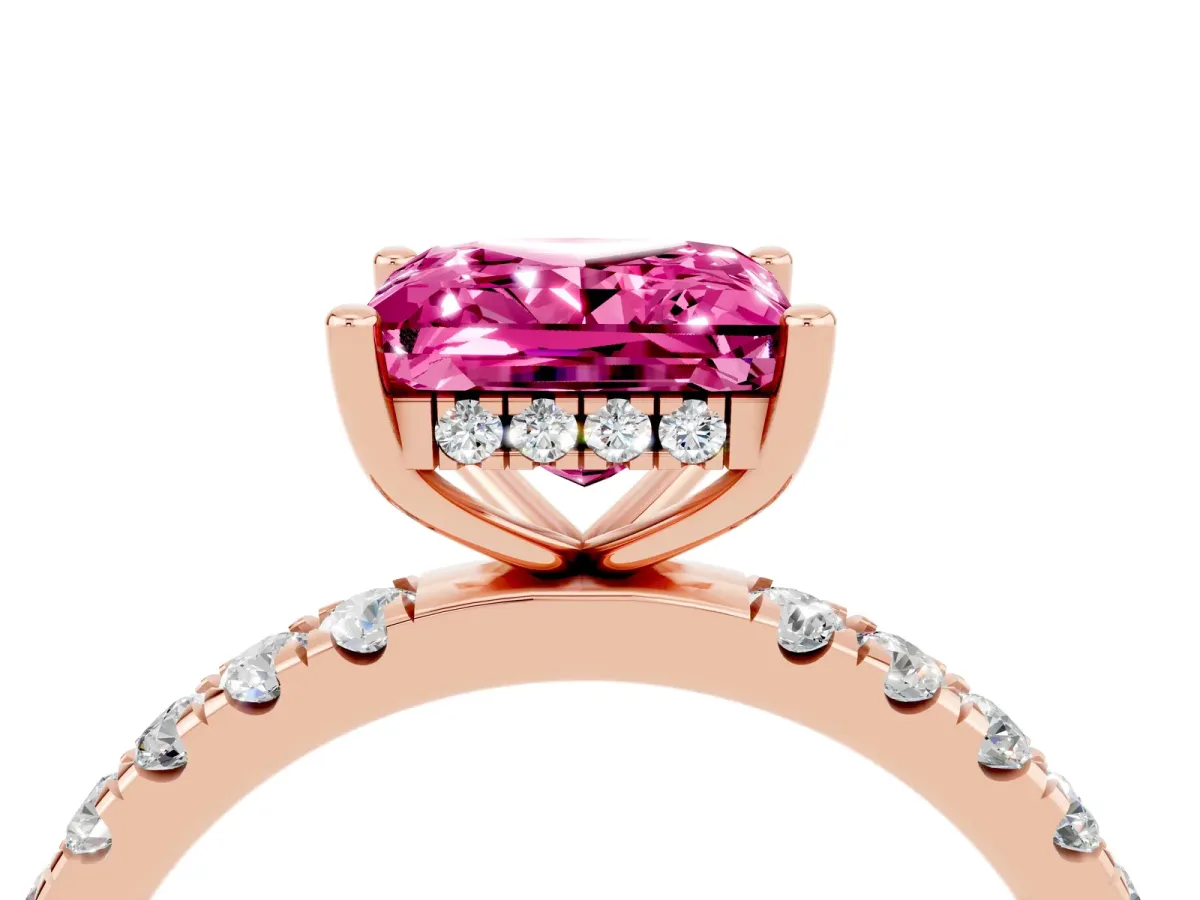 Princess Cut Pink Sapphire Pave Band Solitaire Ring with Round and Prong Setting Rose gold