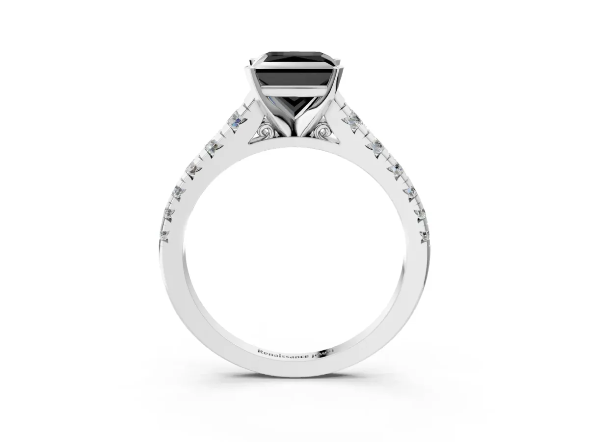 Fancy Black Princess Cut Diamond Cathedral Solitaire Ring with Round Pavé Band Silver