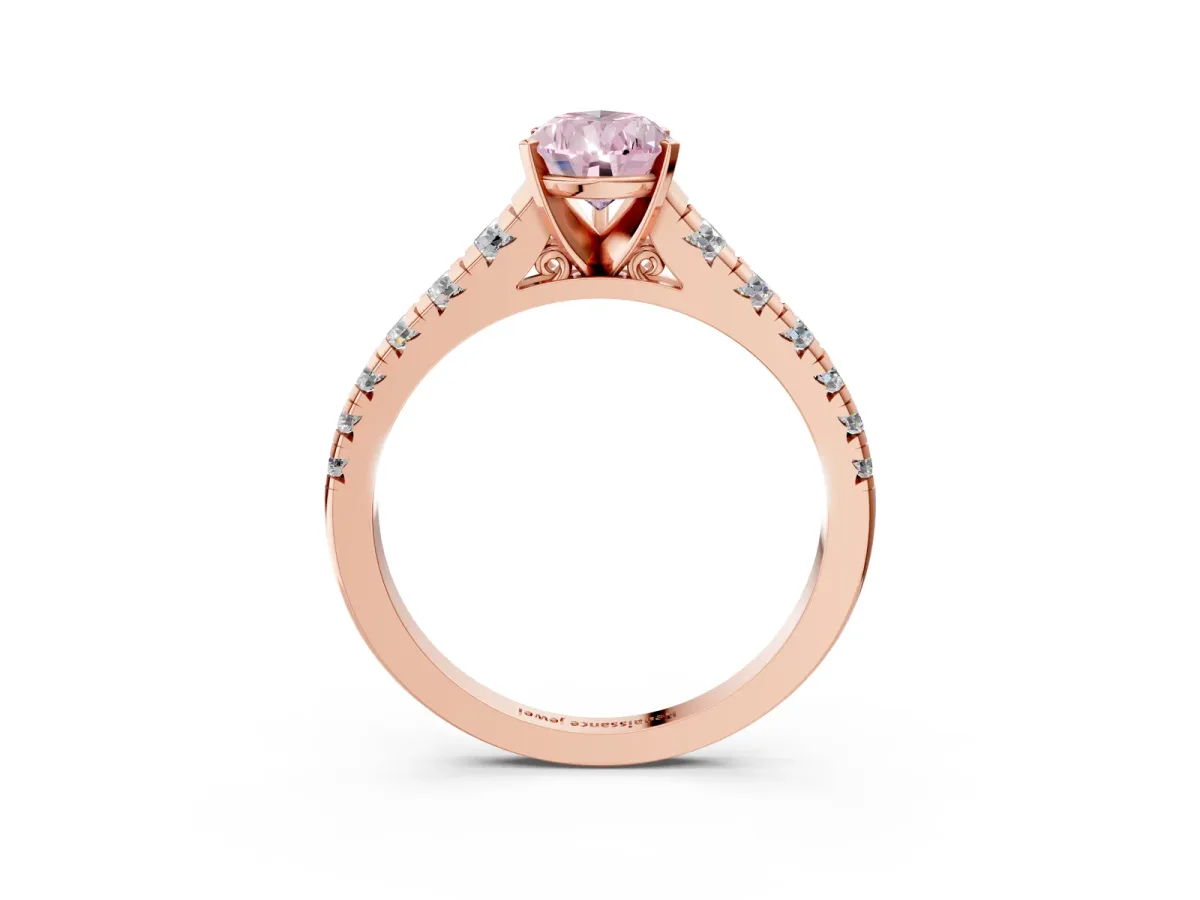 Fancy Pink Pear Cut Diamond Cathedral Solitaire Ring with Round Pavé Band Rose gold