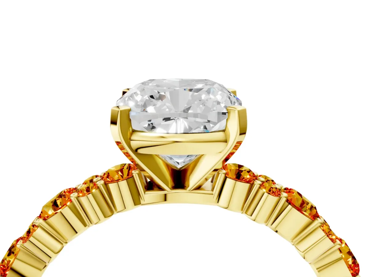 Cushion Cut Diamond Side Stone Solitaire Ring with Round Citrine and Four-Prong Setting Yellow gold