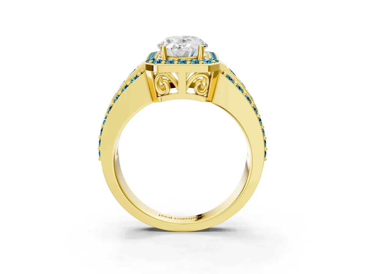 Oval Cut Halo Diamond Ring with Round Blue Topaz Split Shank and Prong Setting Yellow gold