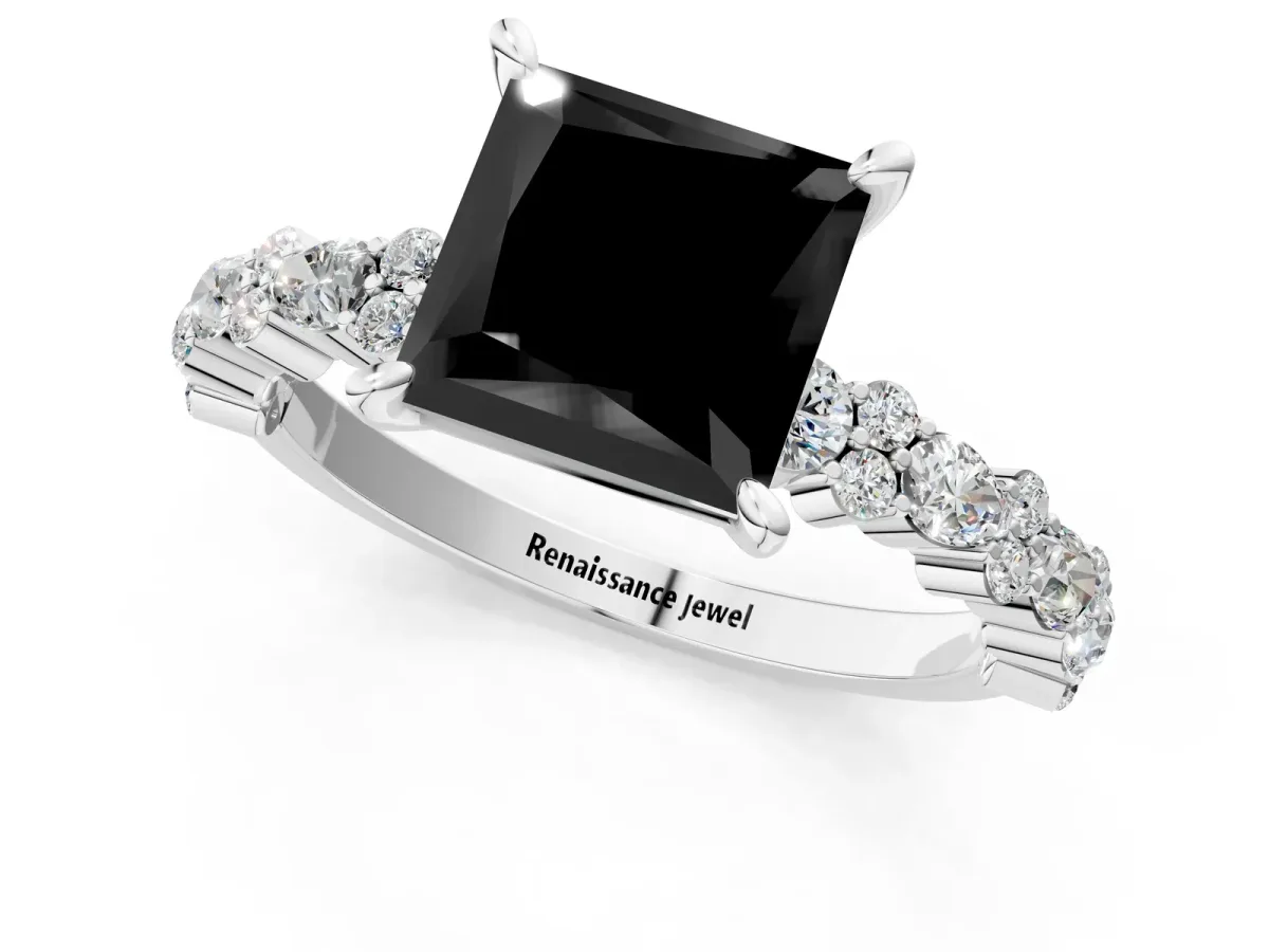 Fancy Black Princess Cut Diamond Side Stone Solitaire Ring with Round and Four-Prong Setting Platinum