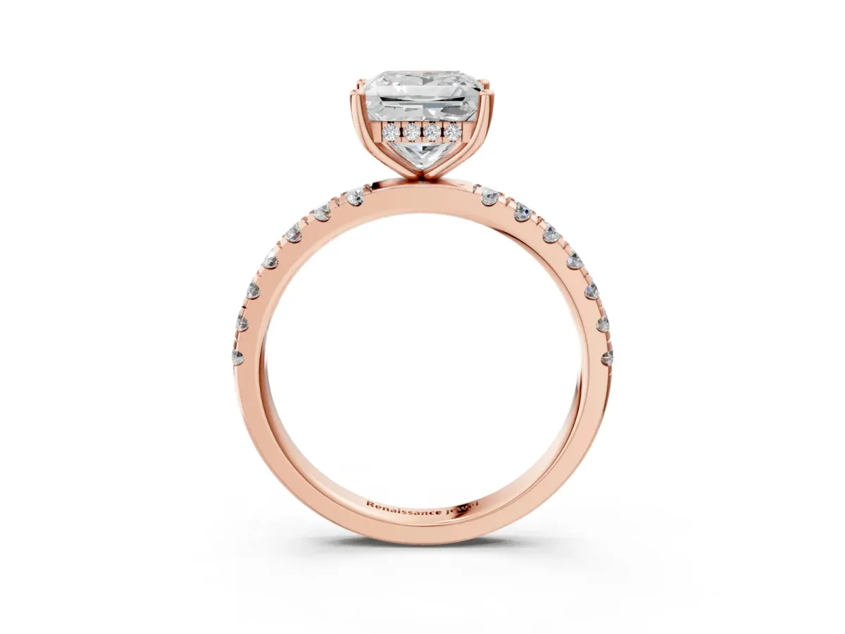 Princess Cut Diamond Pave Band Solitaire Ring with Round and Prong Setting Rose gold