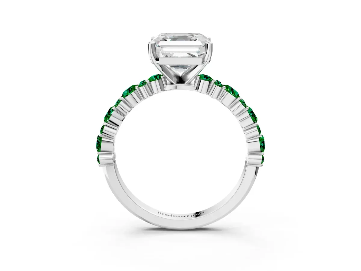Asscher Cut Diamond Side Stone Solitaire Ring with Round Emerald and Four-Prong Setting Platinum