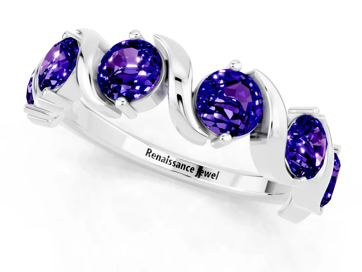 Round Tanzanite Half Eternity Band with Wave Prong Setting Silver