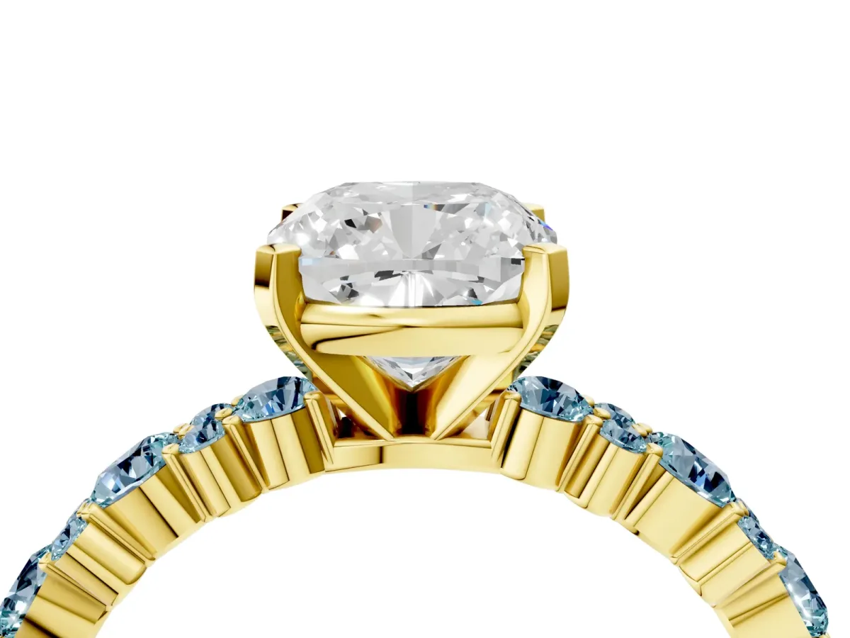 Cushion Cut Diamond Side Stone Solitaire Ring with Round Aquamarine and Four-Prong Setting Yellow gold