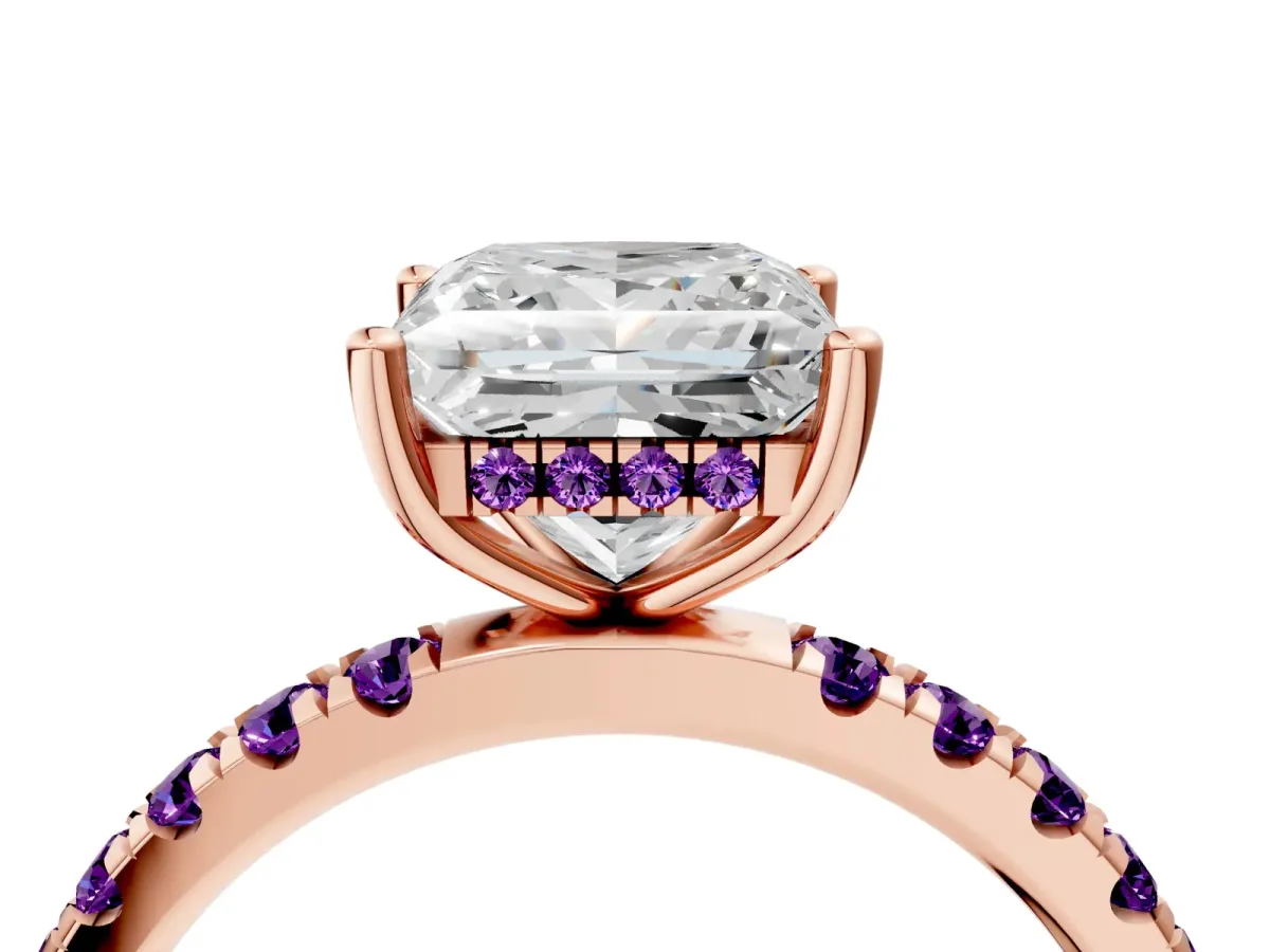 Princess Cut Diamond Pave Band Solitaire Ring with Round Amethyst and Prong Setting Rose gold