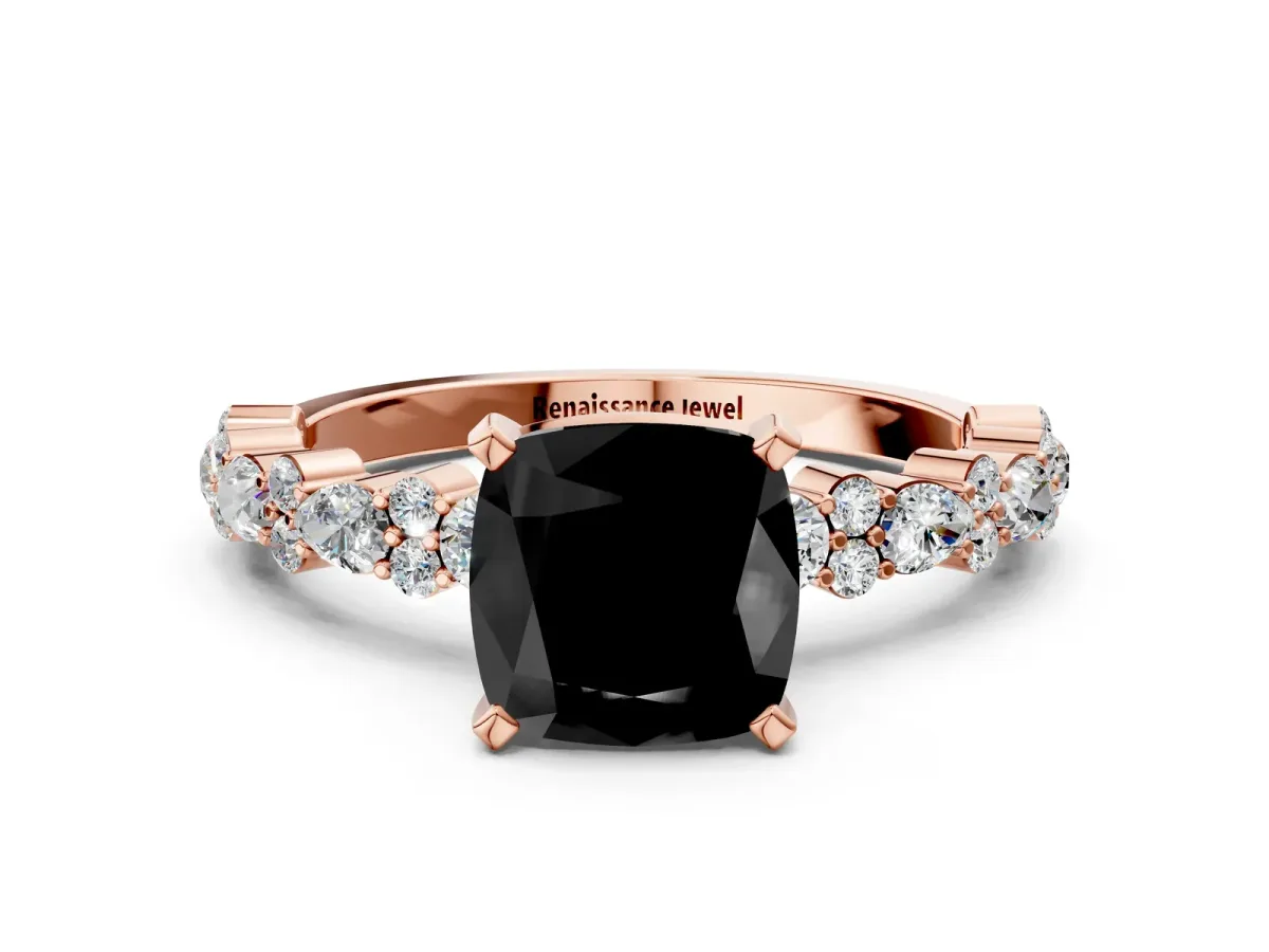 Fancy Black Cushion Cut Diamond Side Stone Solitaire Ring with Round and Four-Prong Setting Rose gold