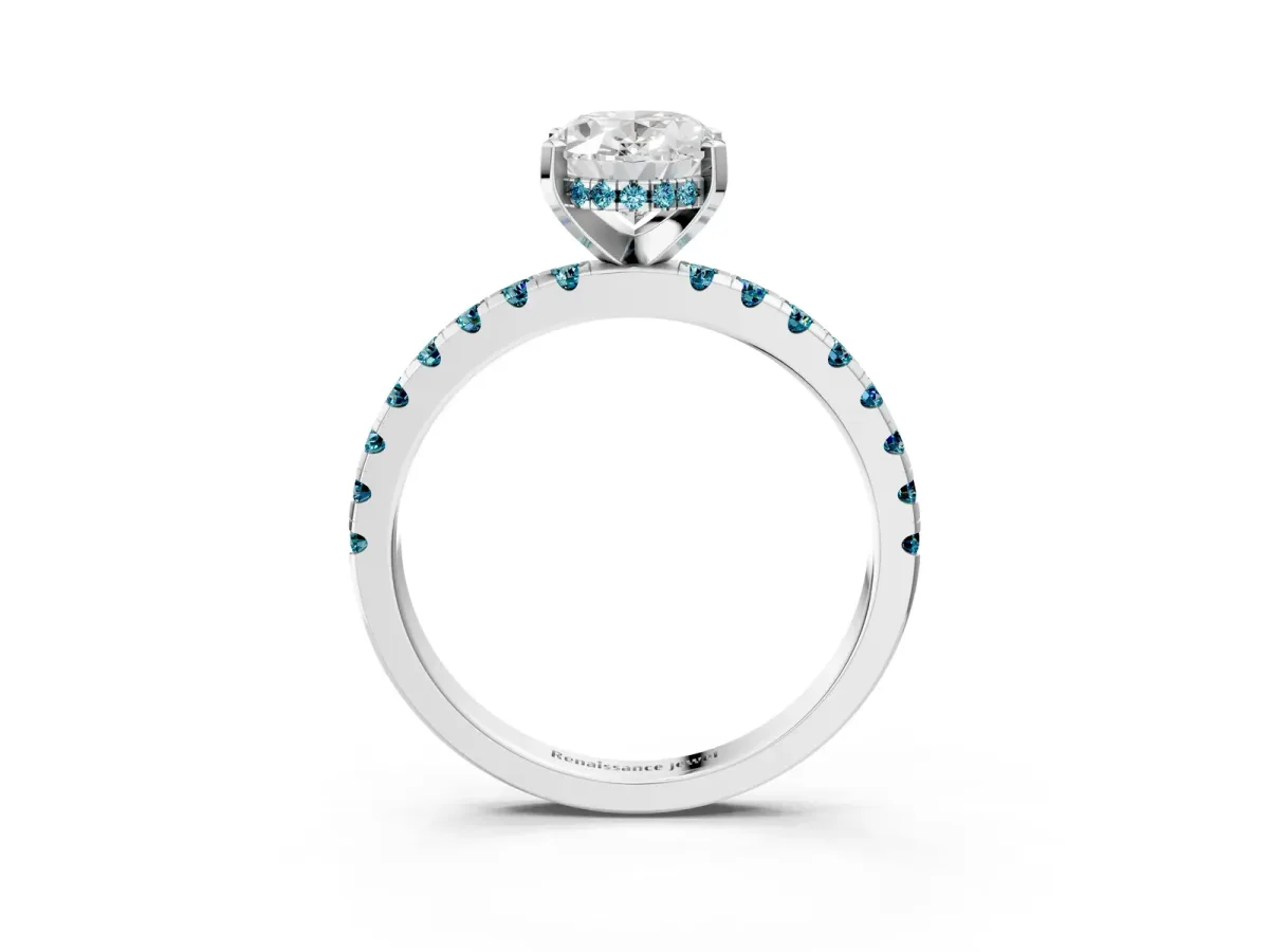 Oval Cut Diamond Solitaire Ring with Round Blue Topaz Pavé Band and Four-Prong Setting Platinum