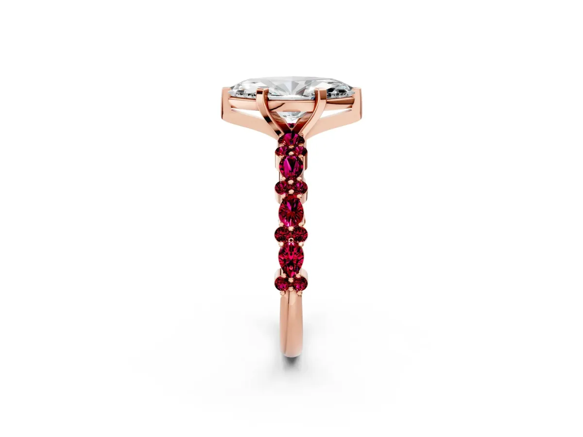 Marquise Cut Diamond Side Stone Solitaire Ring with Round Garnet and Four-Prong Setting Rose gold