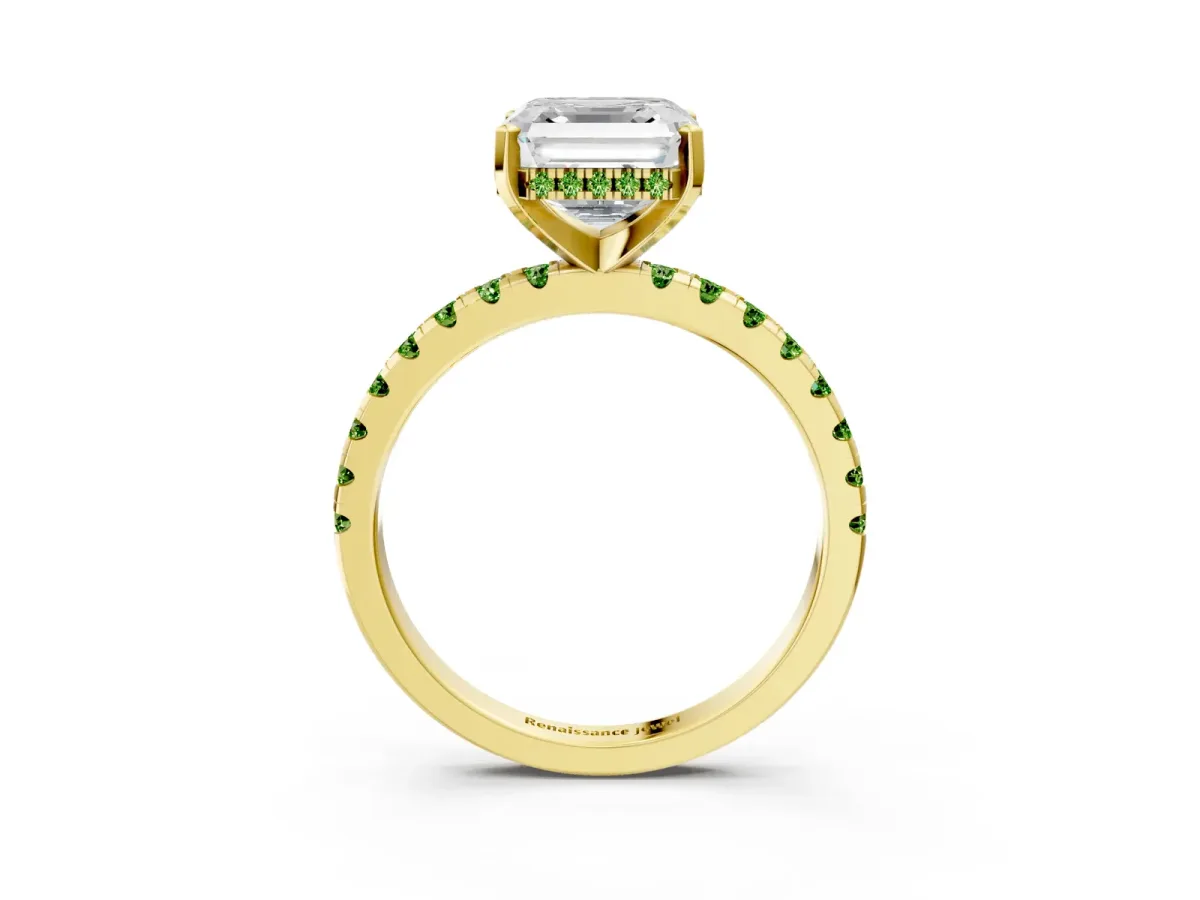 Asscher Cut Diamond Solitaire Ring with Round Peridot Pavé Band and Four-Prong Setting Yellow gold