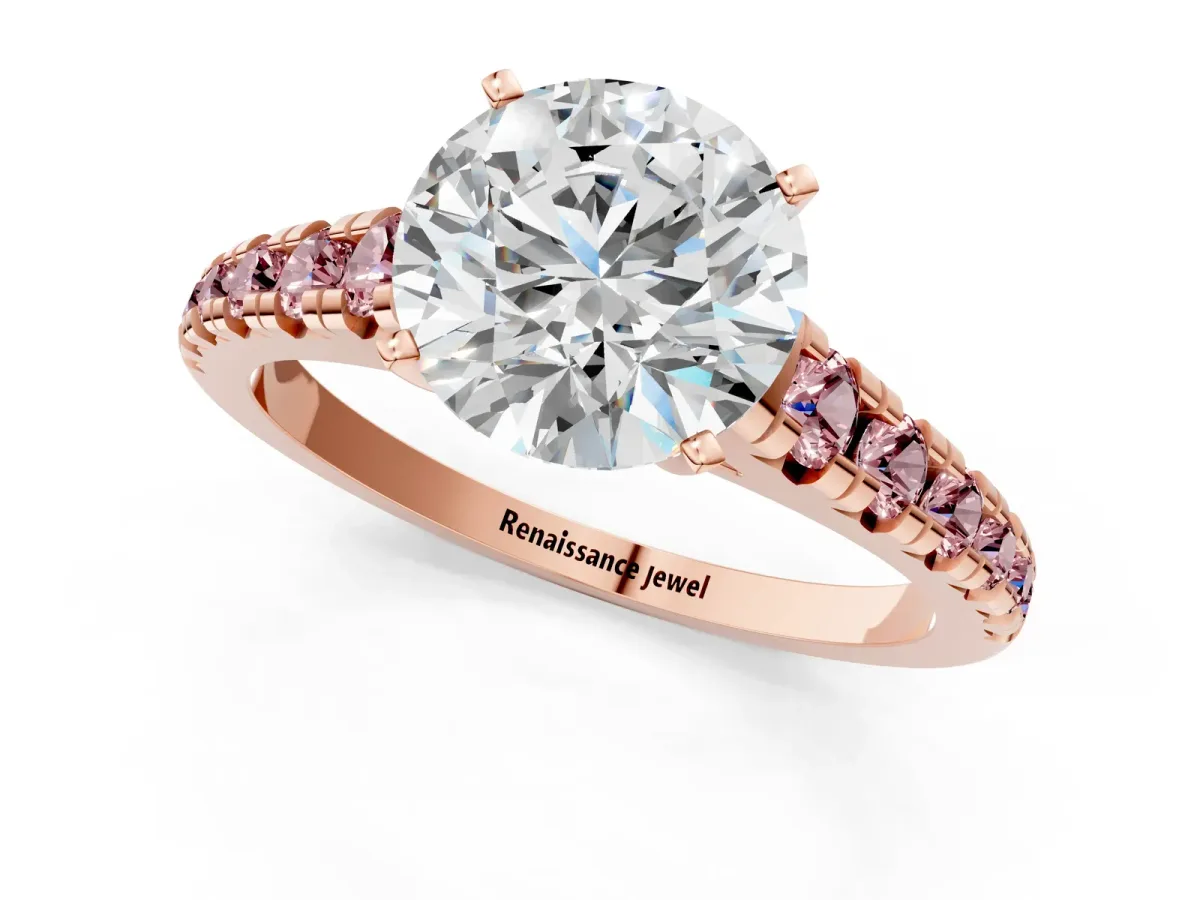 Round Cut Diamond Cathedral Solitaire Ring with Round Morganite Pavé Band Rose gold