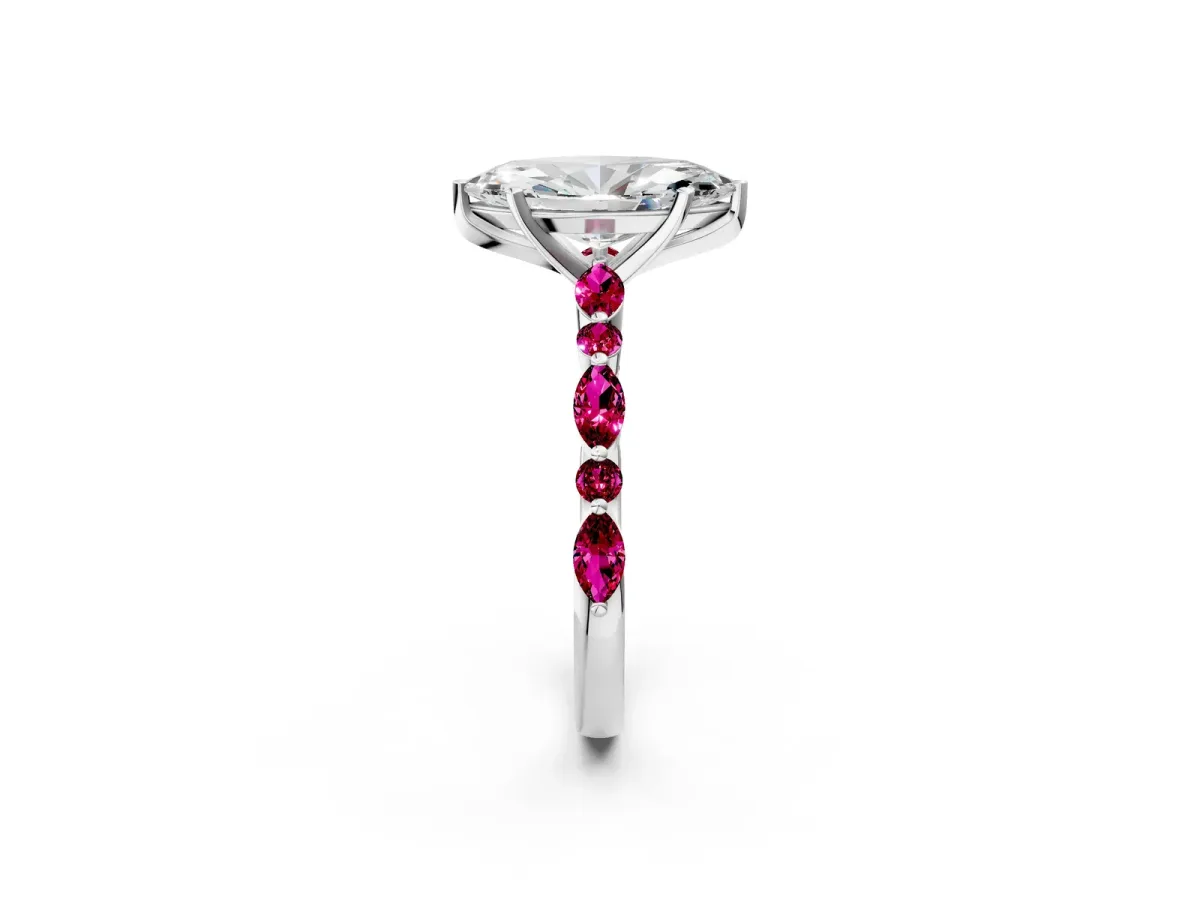 Marquise Cut Diamond Ring with Marquise and Round Garnet Side Stones and Four-Prong Setting Silver