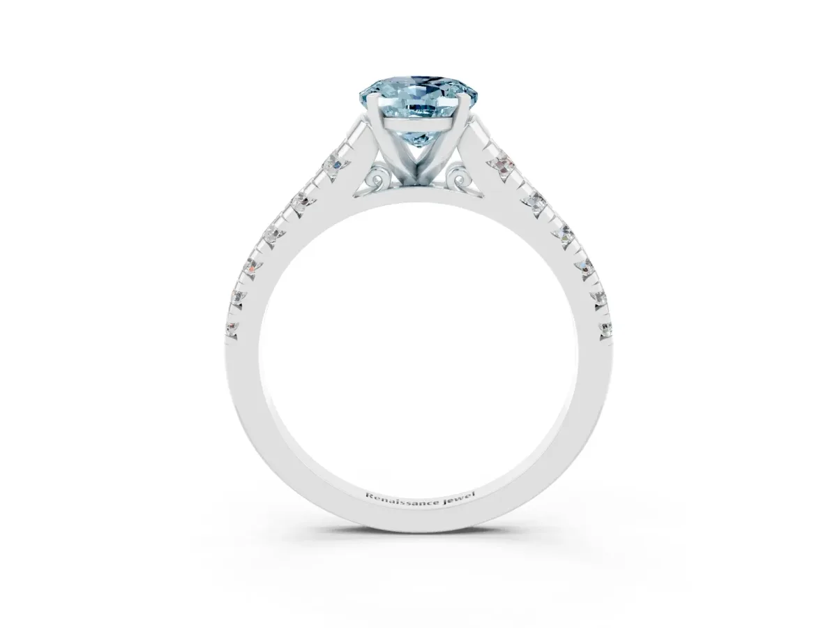 Oval Cut Aquamarine Cathedral Solitaire Ring with Round Pavé Band White gold