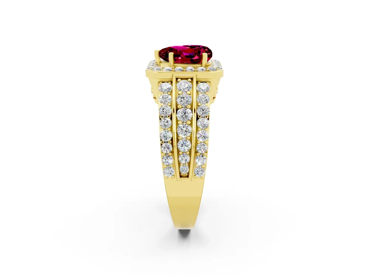 Heart Cut Halo Garnet Ring with Round Split Shank and Prong Setting Yellow gold