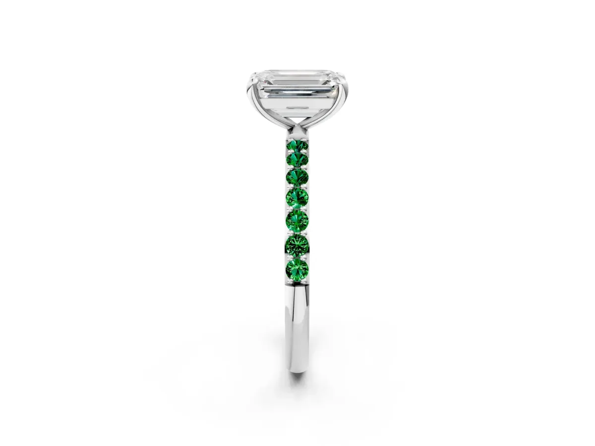 Emerald Cut Diamond Solitaire Ring with Round Emerald Pavé Band and Prong Setting White gold
