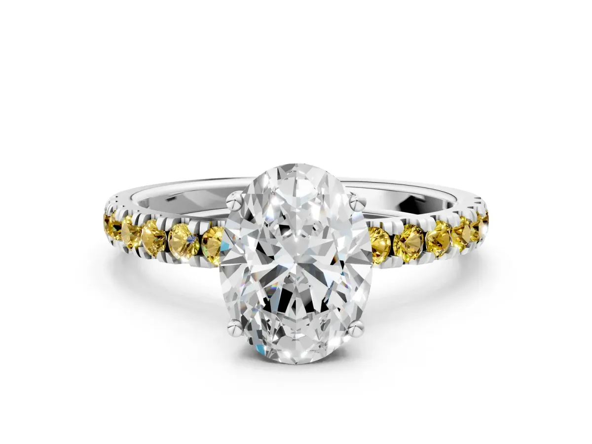 Oval Cut Diamond Pave Band Solitaire Ring with Round Yellow Sapphire and Prong Setting Platinum