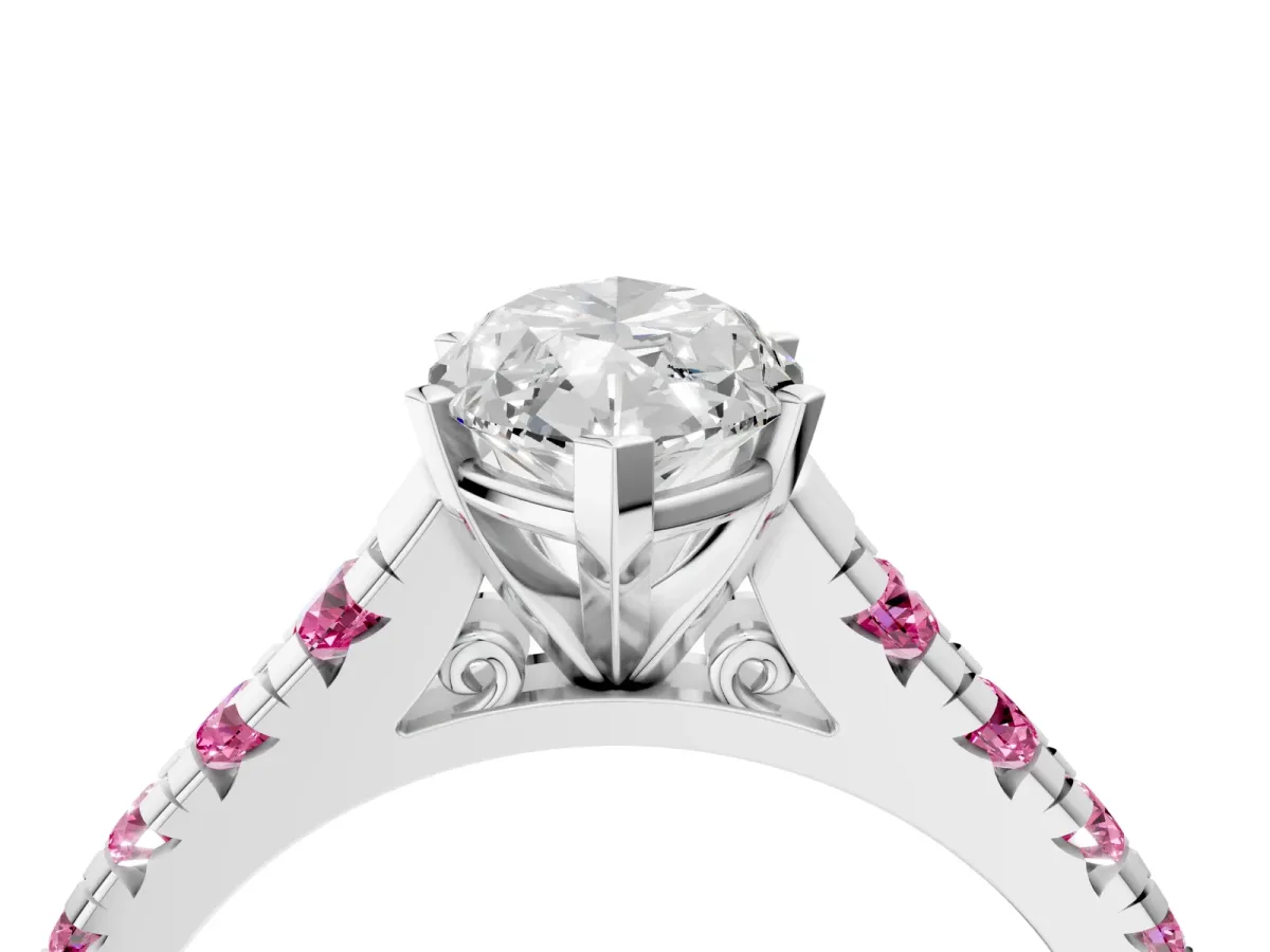 Marquise Cut Diamond Cathedral Solitaire Ring with Round Pink Sapphire Pavé Band Silver