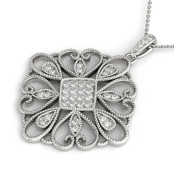 Pavé Round Diamond Filigree Pendant with Milgrain Detail Silver