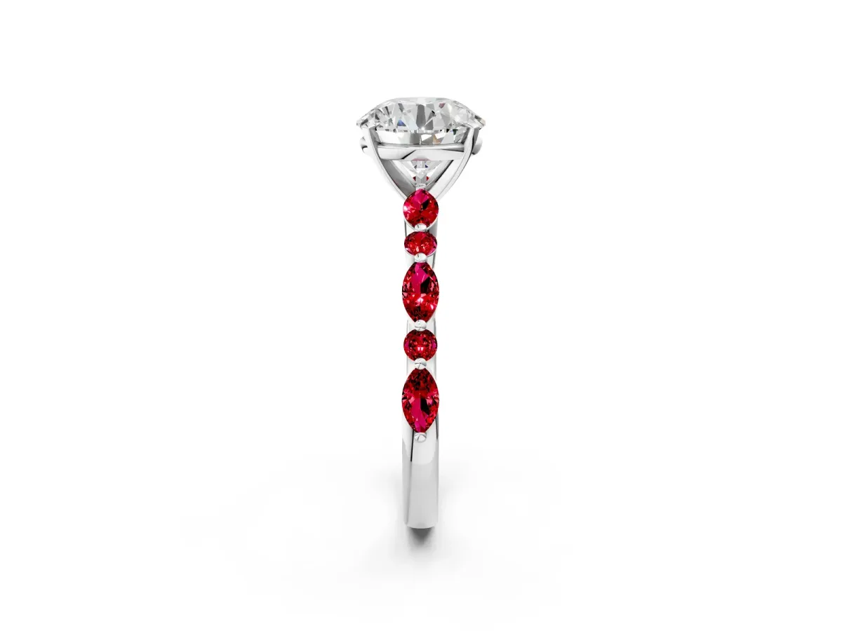 Round Cut Diamond Ring with Marquise and Round Ruby Side Stones and Four-Prong Setting White gold