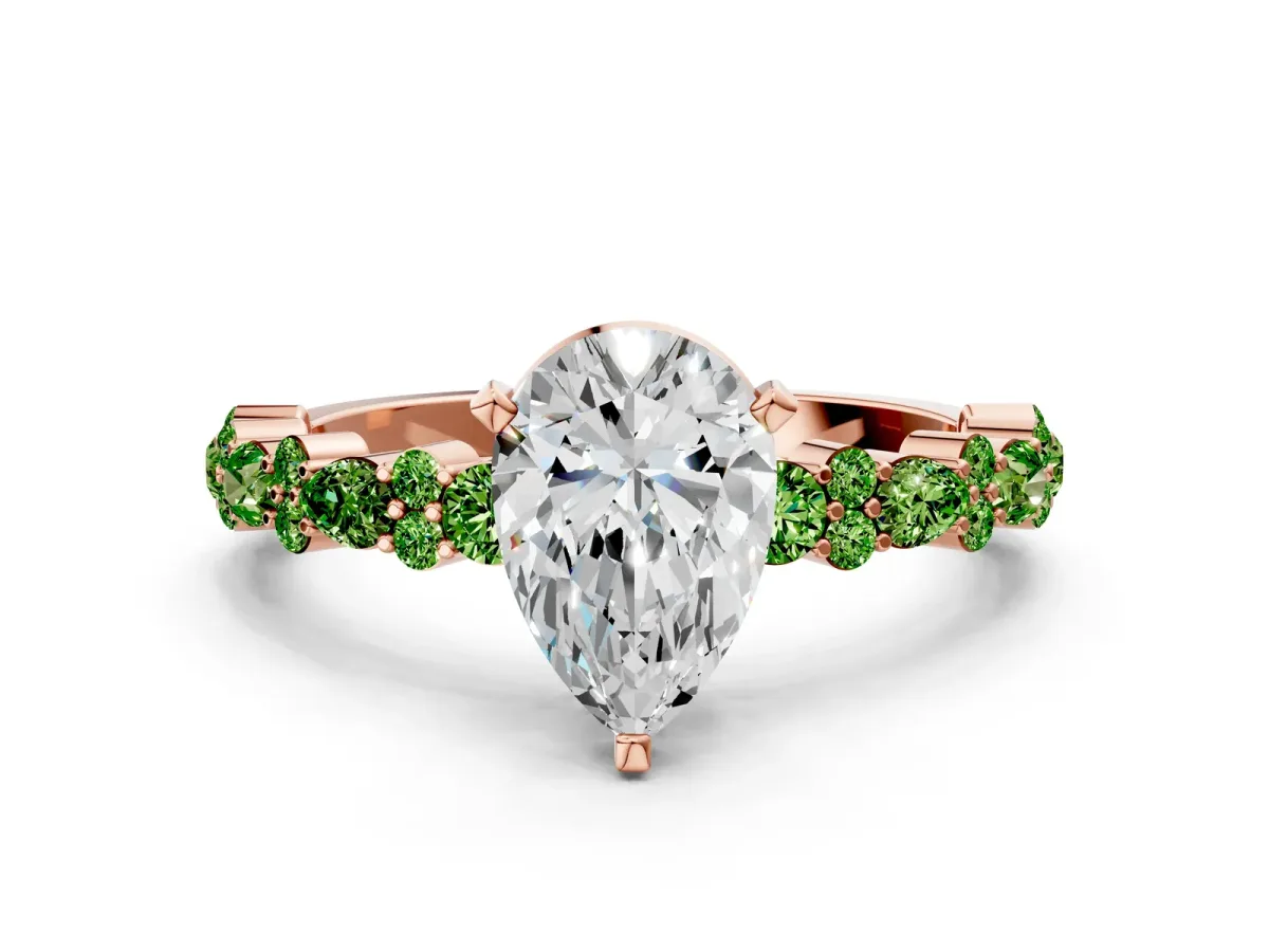 Pear Cut Diamond Side Stone Solitaire Ring with Round Peridot and Four-Prong Setting Rose gold