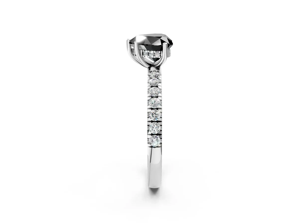 Fancy Black Heart Cut Diamond Pave Band Solitaire Ring with Round and Prong Setting Platinum