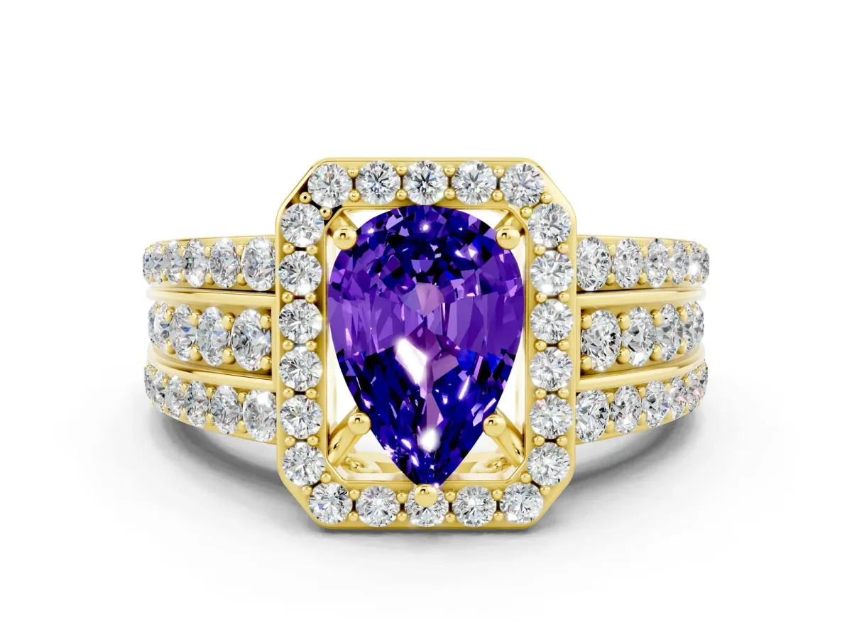 Pear Cut Halo Tanzanite Ring with Round Split Shank and Prong Setting Yellow gold