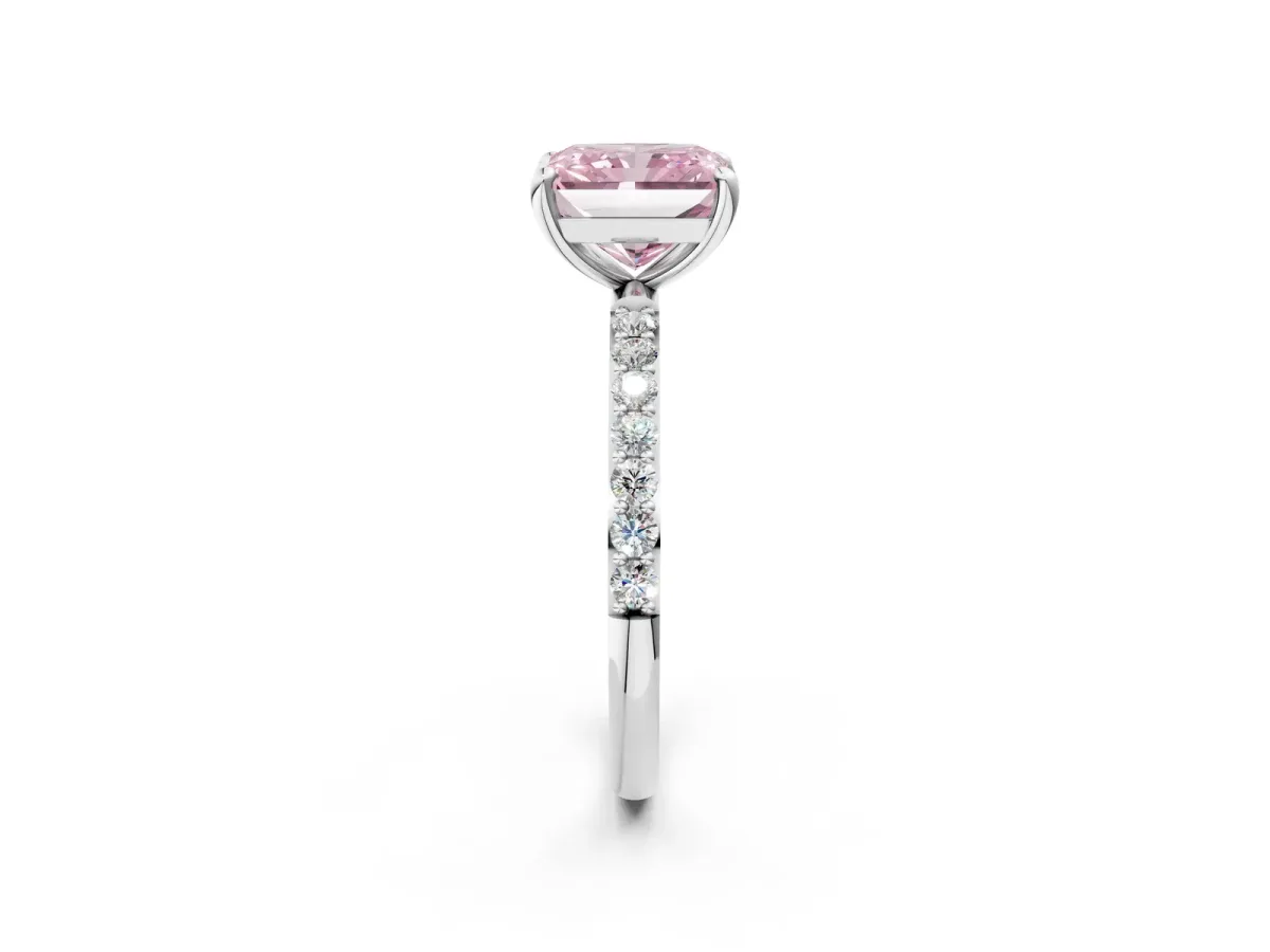 Fancy Pink Radiant Cut Diamond Solitaire Ring with Round Pavé Band and Prong Setting Silver