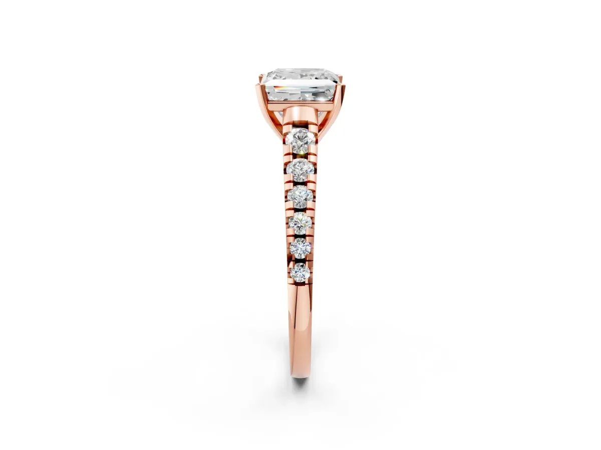 Princess Cut Diamond Cathedral Solitaire Ring with Round Pavé Band Rose gold