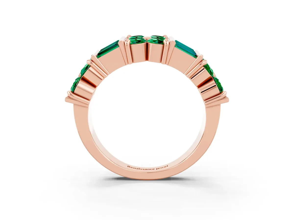Channel Set Round and Baguette Emerald Anniversary Band with Prong Setting Rose gold