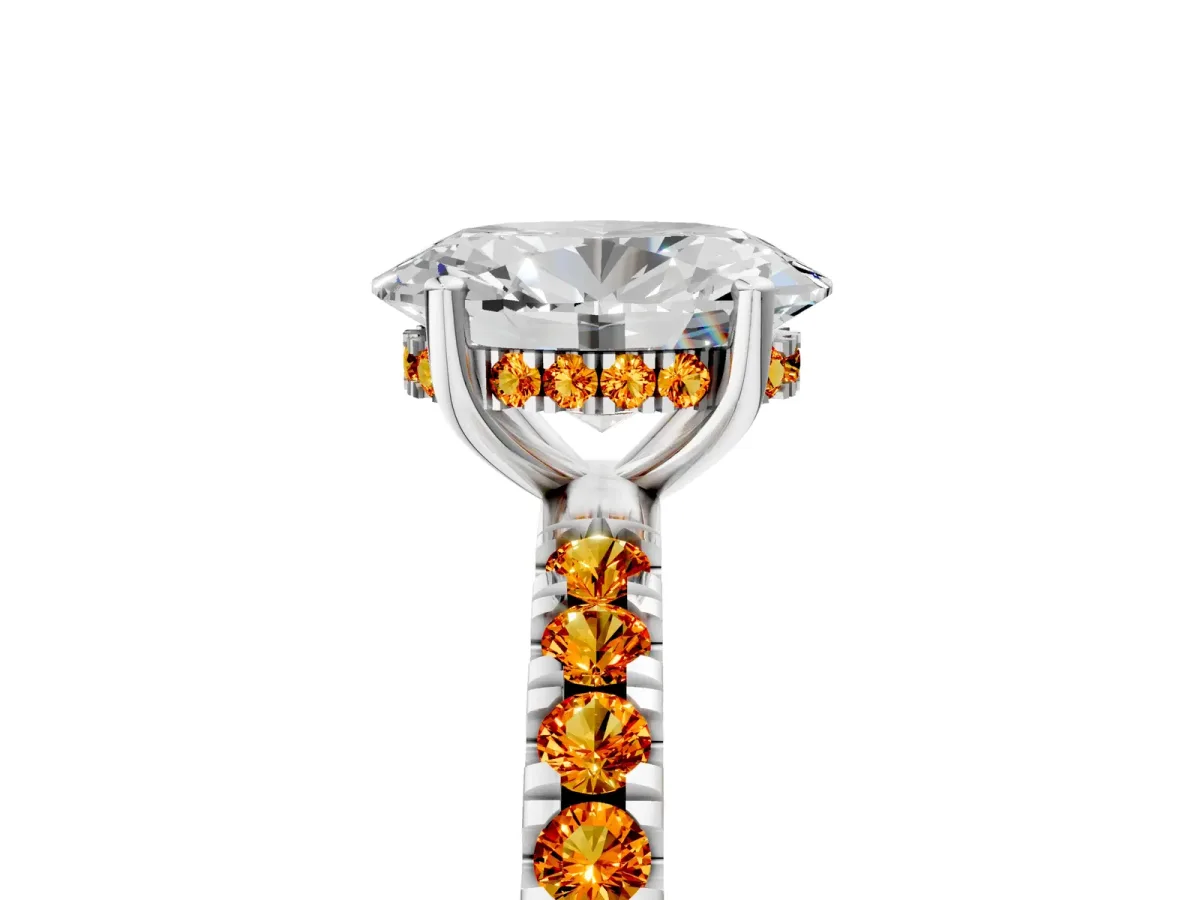 Oval Cut Diamond Pave Band Solitaire Ring with Round Citrine and Prong Setting Platinum