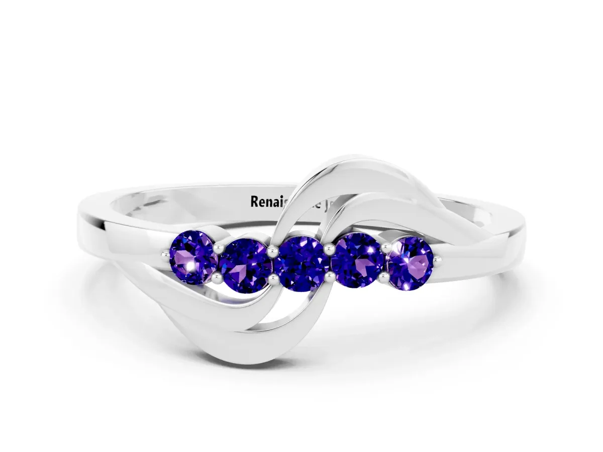 Five-Stone Round Tanzanite Crossover Band with Prong Setting Platinum