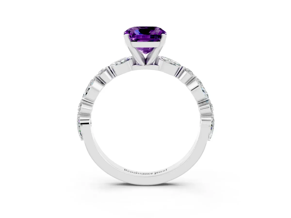 Cushion Cut Amethyst Ring with Marquise and Round Side Stones and Four-Prong Setting Silver