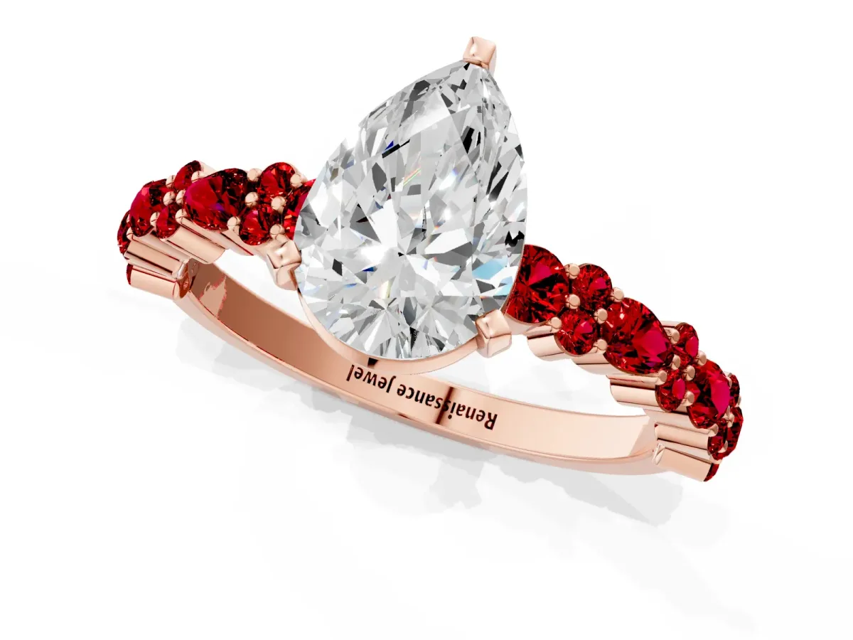 Pear Cut Diamond Side Stone Solitaire Ring with Round Ruby and Four-Prong Setting Rose gold