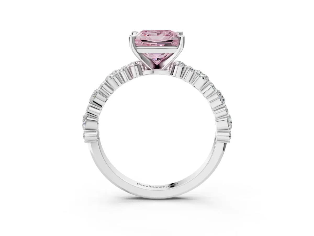 Fancy Pink Princess Cut Diamond Side Stone Solitaire Ring with Round and Four-Prong Setting Platinum