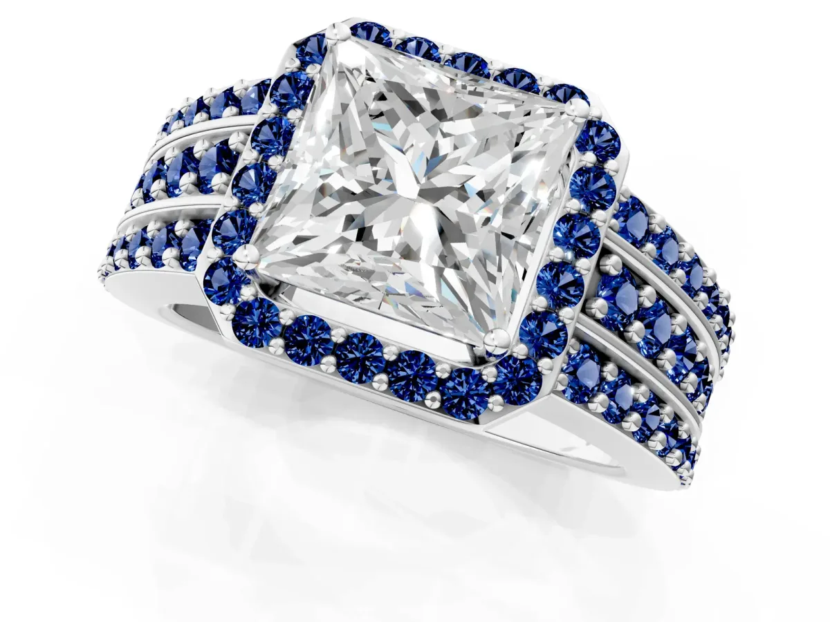 Princess Cut Halo Diamond Ring with Round Blue Sapphire Split Shank and Prong Setting Platinum