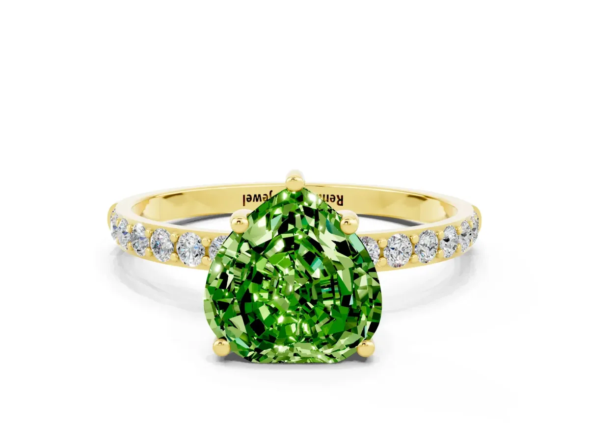 Heart Cut Peridot Solitaire Ring with Round Pavé Band and Prong Setting Yellow gold
