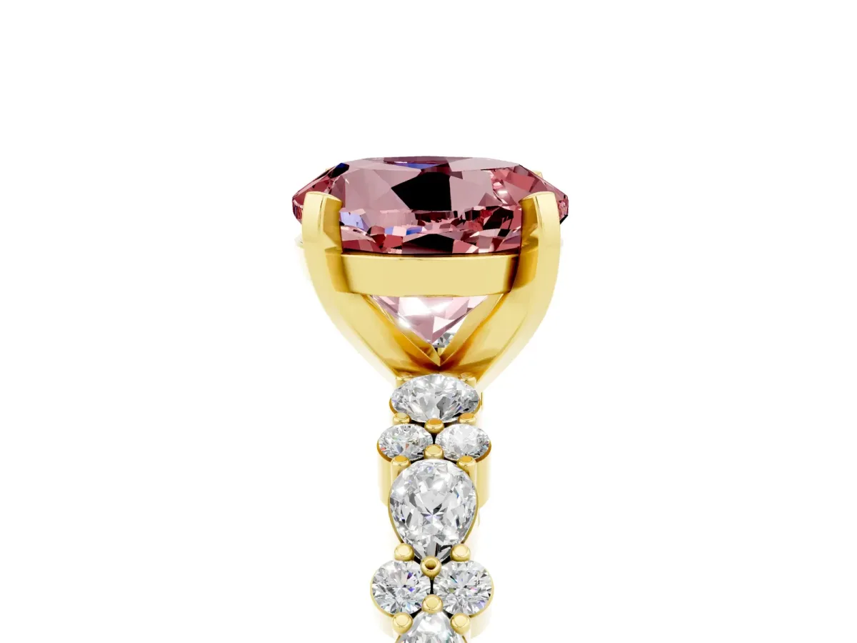 Round Cut Morganite Side Stone Solitaire Ring with Round and Four-Prong Setting Yellow gold