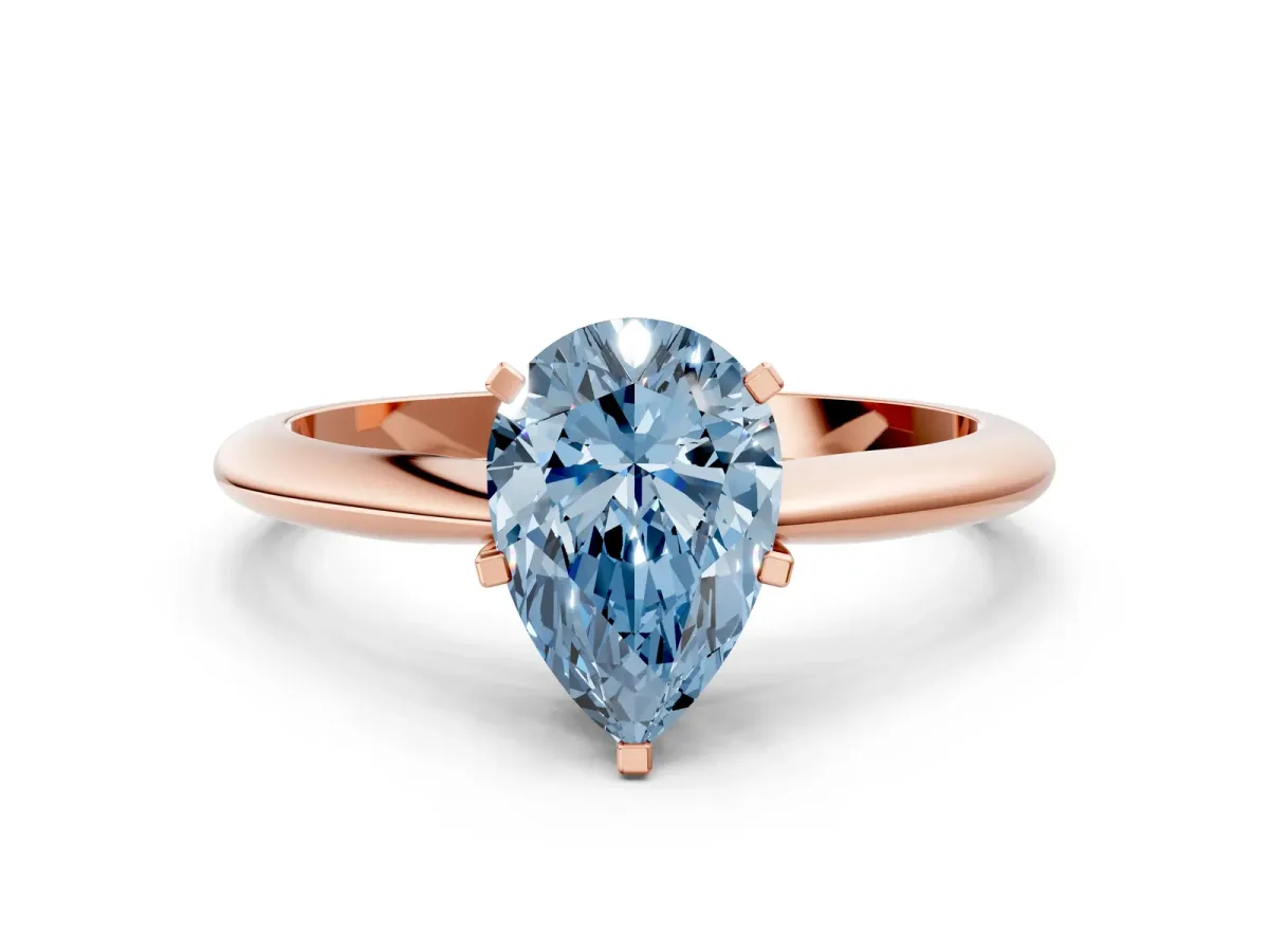 Fancy Blue Pear Cut Diamond Solitaire Engagement Ring with Classic Band and Four-Prong Setting Rose gold