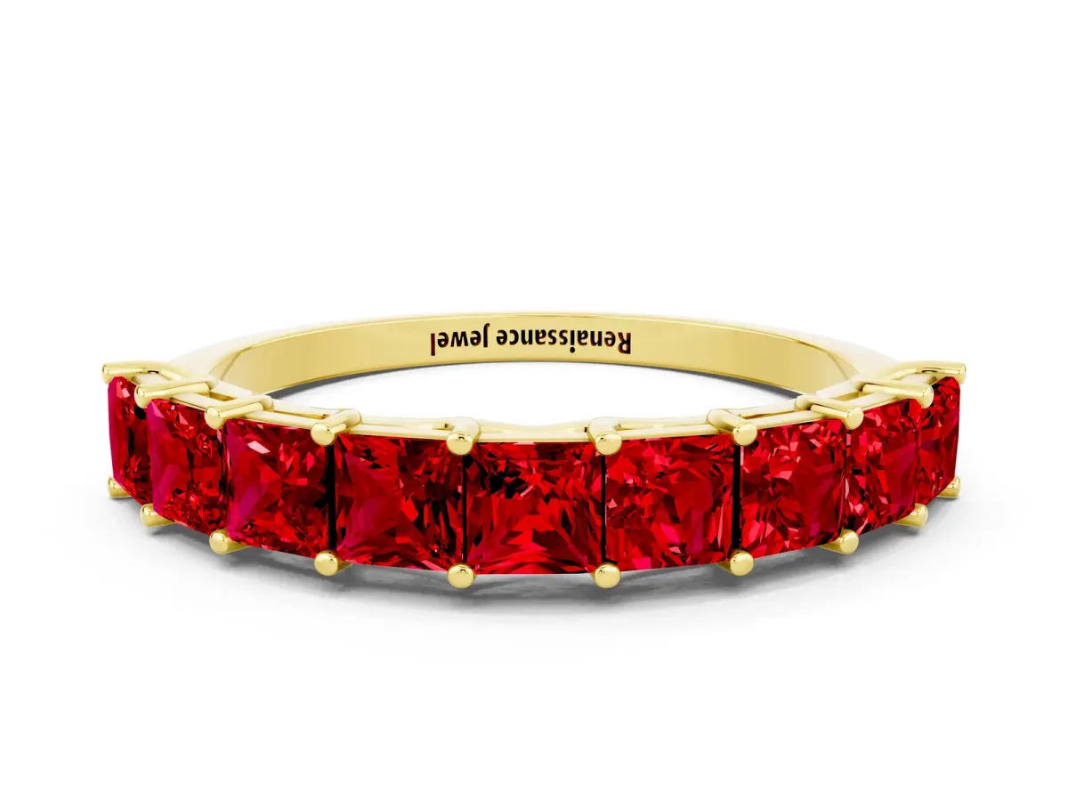 Princess Cut Ruby Channel-Set Eternity Band with Prong Setting Yellow gold