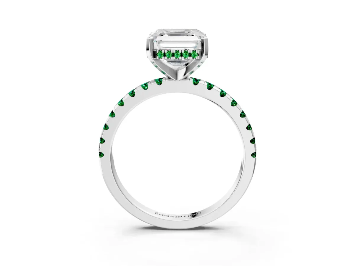Asscher Cut Diamond Solitaire Ring with Round Emerald Pavé Band and Four-Prong Setting Silver