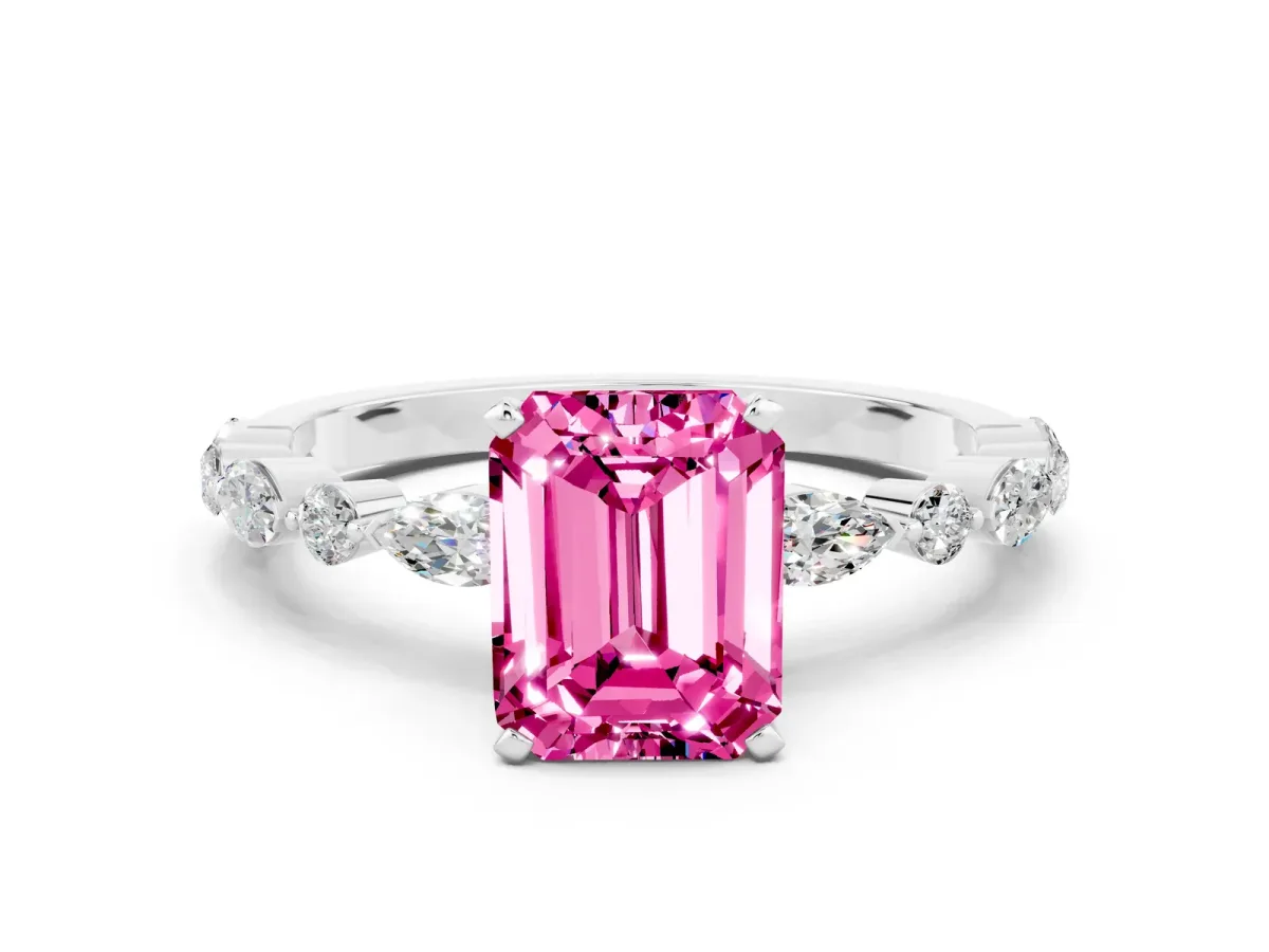 Emerald Cut Pink Sapphire Ring with Marquise and Round Side Stones and Four-Prong Setting Silver