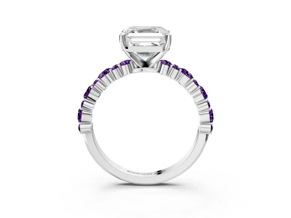 Asscher Cut Diamond Side Stone Solitaire Ring with Round Amethyst and Four-Prong Setting Silver