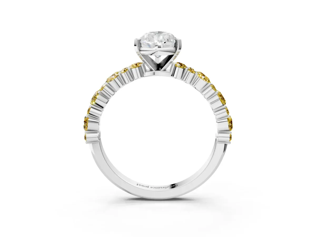 Pear Cut Diamond Side Stone Solitaire Ring with Round Yellow Sapphire and Four-Prong Setting Platinum
