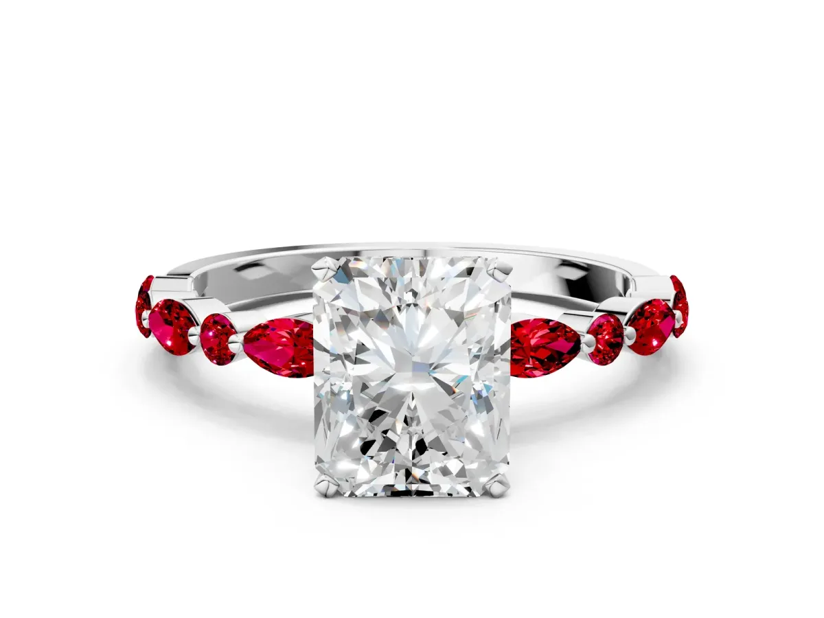 Radiant Cut Diamond Ring with Marquise and Round Ruby Side Stones and Four-Prong Setting White gold