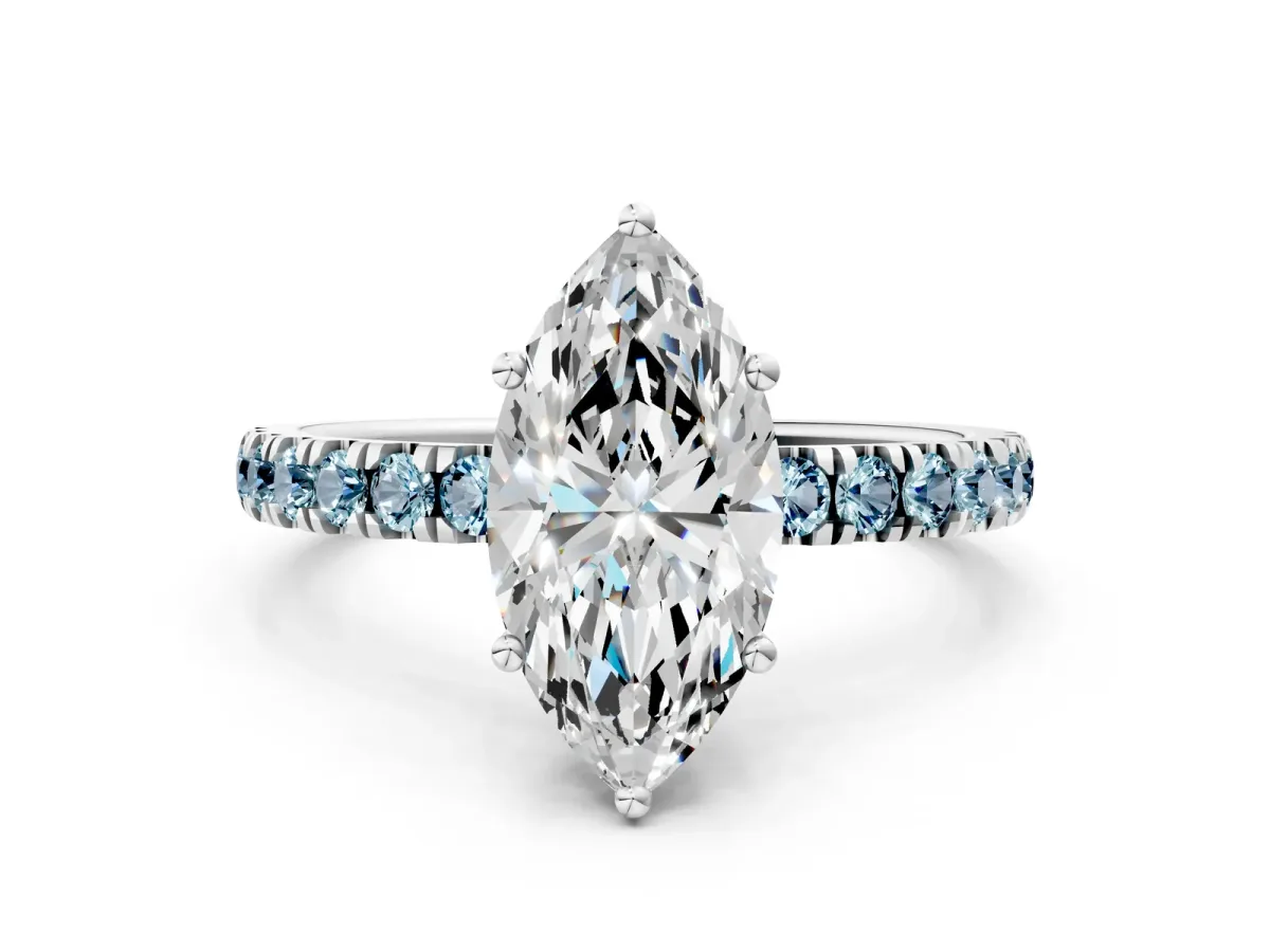 Marquise Cut Diamond Pave Band Solitaire Ring with Round Aquamarine and Prong Setting Silver