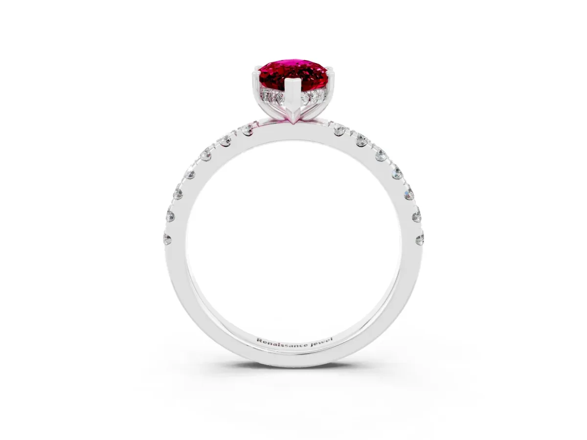 Marquise Cut Garnet Pave Band Solitaire Ring with Round and Prong Setting White gold